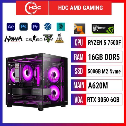 HDC AMD GAMING Ryzen 5 7500F / RAM 16GB / SSD 500GB NVME M.2 / A620M / RTX 3050 6GB /  650W